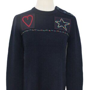 VALENTINO GARAVANI Navy Blue Wool Rib Heart Star Embroidery Patch Knit Sweater S